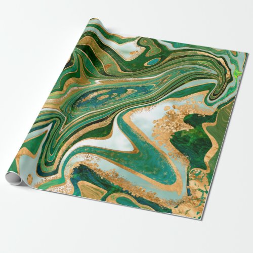 Green and gold liquid marble abstract wrapping paper