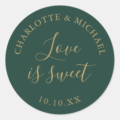 Green And Gold Love Is Sweet Wedding Favor  Classic Round Sticker