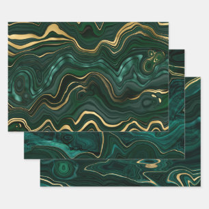 Green and Gold Malachite Gemstone Wrapping Paper Sheets