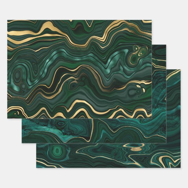 Green and Gold Malachite Gemstone Wrapping Paper Sheets (Set)