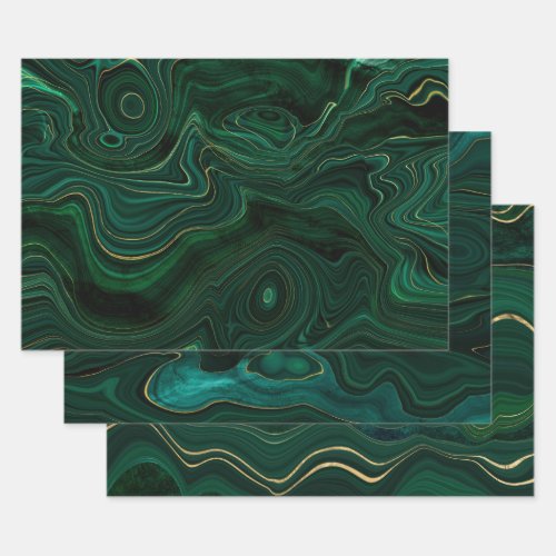 Green and Gold Malachite Gemstone Wrapping Paper Sheets