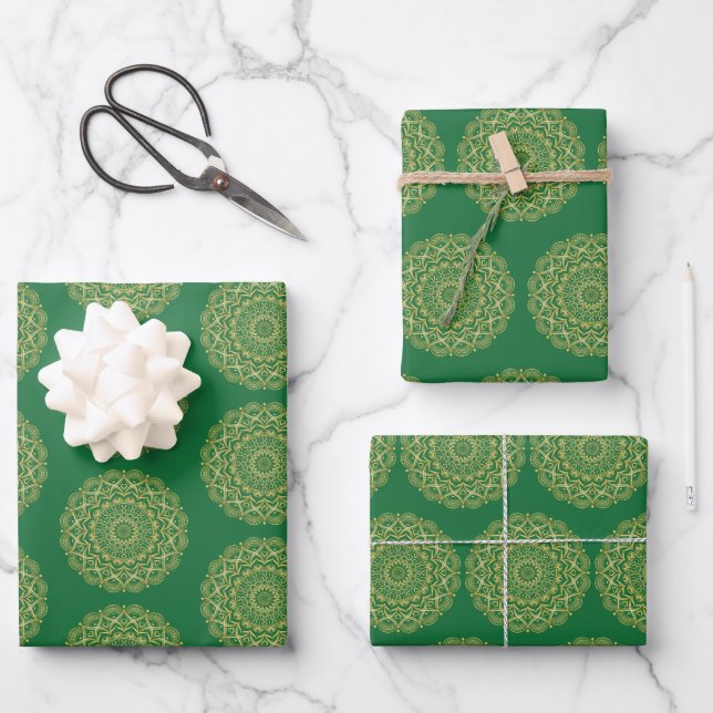 Green and Gold Mandala  Wrapping Paper Sheets (Front)