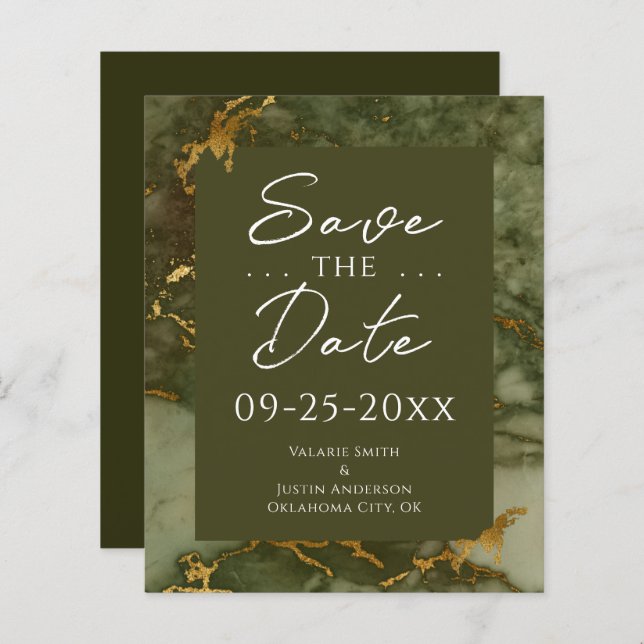 Green and Gold Marble Budget Save the Date  (Front/Back)