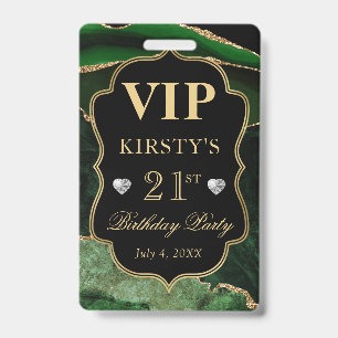 Green and Gold Marble Glitter Agate Birthday VIP Badge