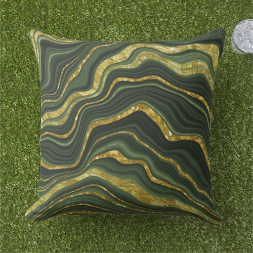 Green and Gold Marble Look Pattern Outdoor Pillow