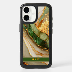 Green and Gold Marble Monogrammed iPhone 16 Case