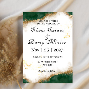 Green and gold marble original wedding invitation