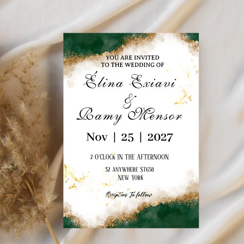 Green and gold marble original wedding invitation 