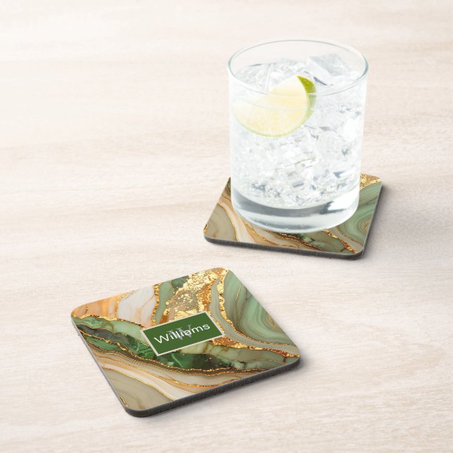 Green And Gold Marble Pattern  Beverage Coaster (Right Side)