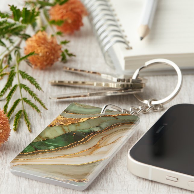 Green And Gold Marble Pattern Keychain (Front Right)