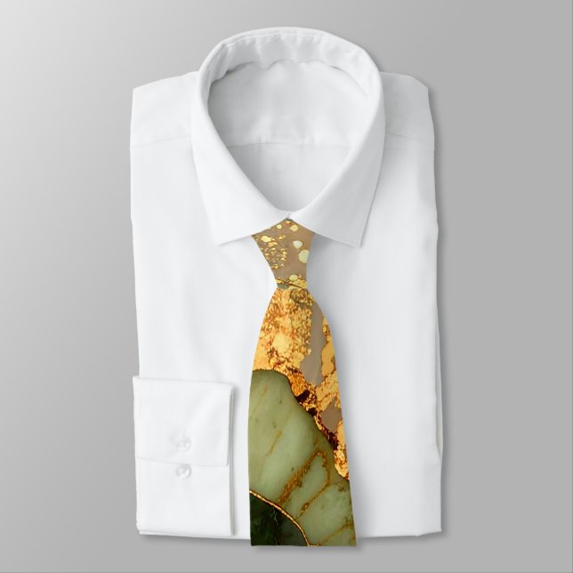Green And Gold Marble Pattern Neck Tie (Tied)