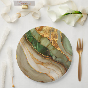 Green And Gold Marble Pattern Paper Plates