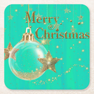 Green and Gold Merry Christmas Paper Coaster
