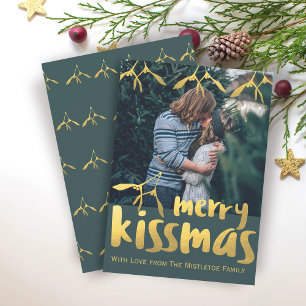 Green and Gold Merry Kissmas Photo Holiday Card