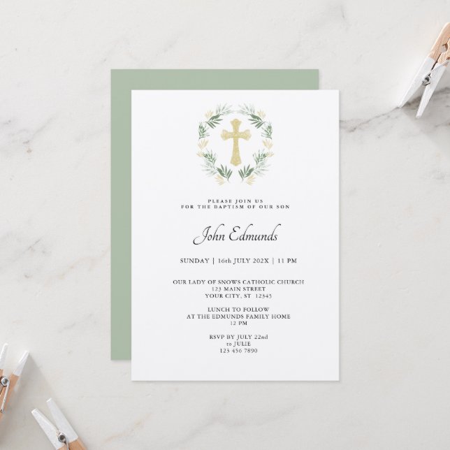 Green and Gold Minimalist Baptism Invitation (Front/Back In Situ)