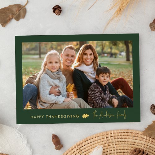 Green and Gold Minimalist Thanksgiving 2 Photo Foil Holiday Card