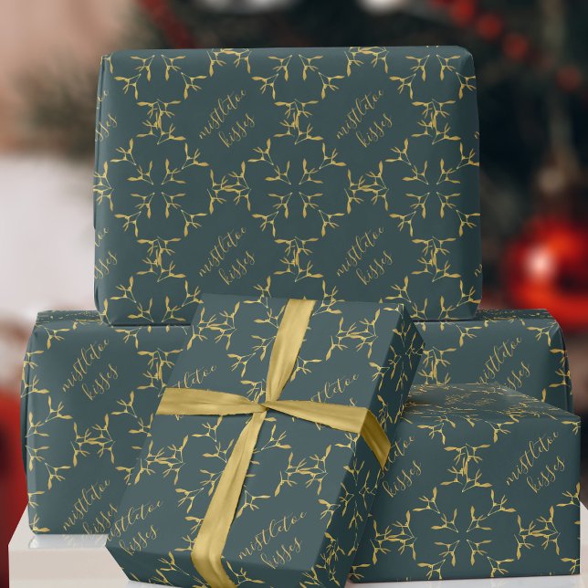 Green and Gold Mistletoe Christmas Wrapping Paper (Mistletoe kisses wrapping paper in festive green)