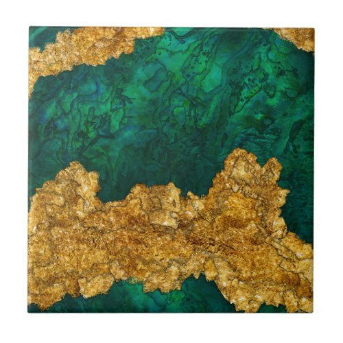Green and Gold Mixed media abstract Ceramic Tile