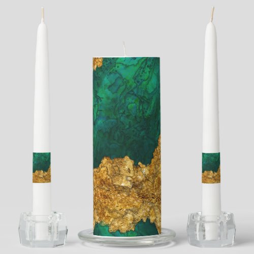 Green and Gold Mixed media abstract Unity Candle Set