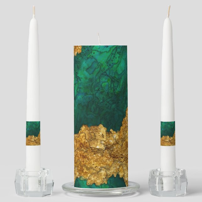 Green and Gold Mixed media abstract Unity Candle Set (Front)