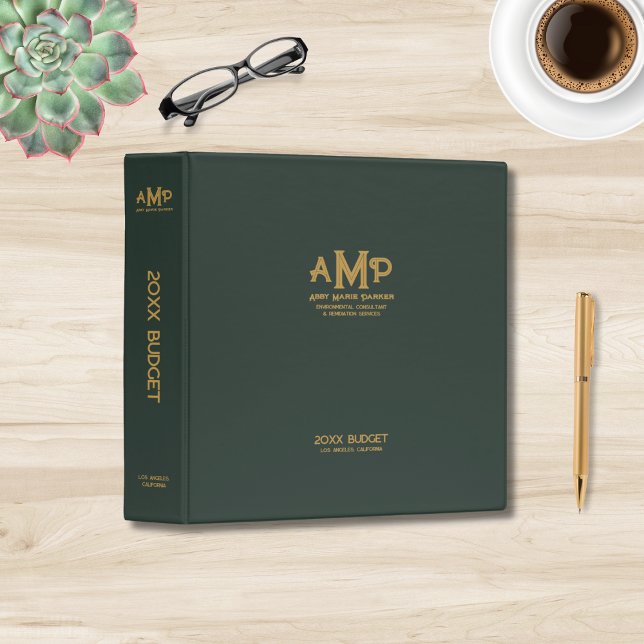 Green and Gold Monogram Business  3 Ring Binder (Creator Uploaded)