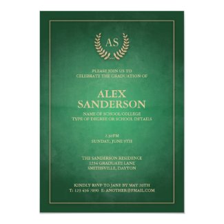 Green and Gold Monogram/Laurel Wreath Graduation 5" X 7" Invitation Card