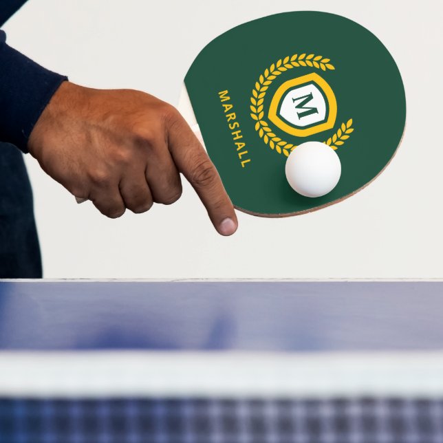 Green and Gold Monogram Logo Crest Ping Pong Paddle (Insitu)