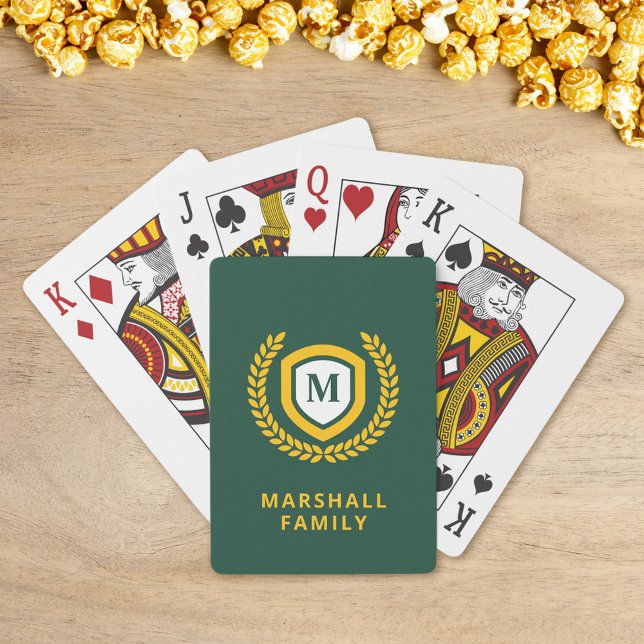 Green and Gold Monogram Logo Crest Poker Cards (Creator Uploaded)