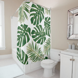 Green and gold monstera and palm tropical leaves shower curtain