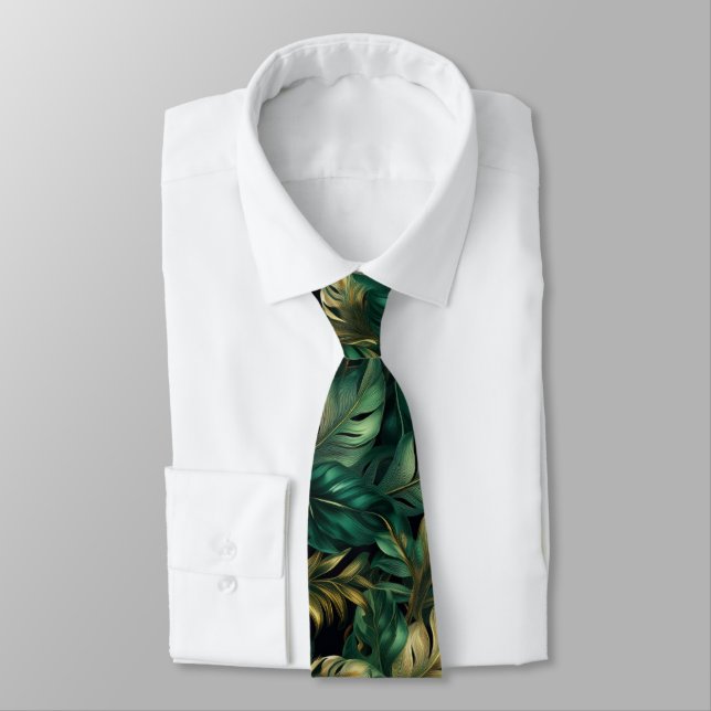 Green and Gold Monstera Leaves Neck Tie (Tied)