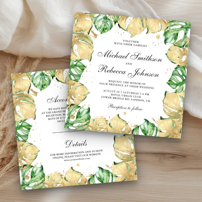 Green and Gold Monstera Palm All in One Wedding Invitation (Creator Uploaded)