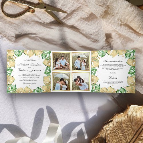 Green and Gold Monstera Palm Photo Collage Wedding Tri_Fold Invitation
