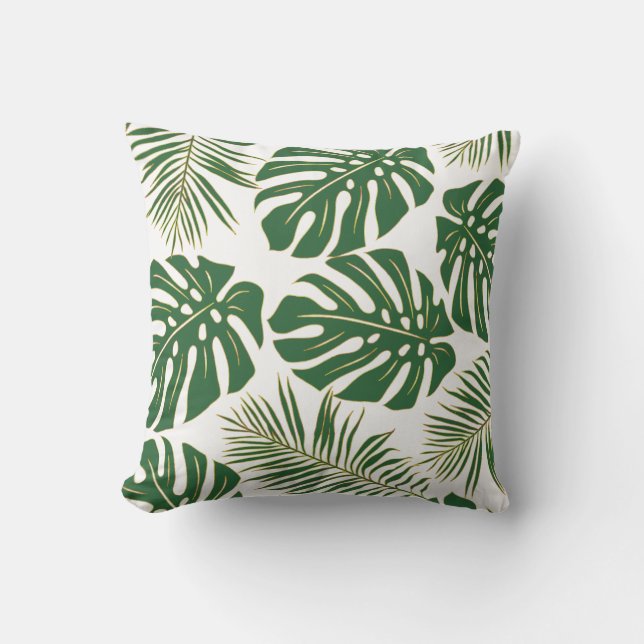 Green and gold monstera, palm tropical leaves outdoor pillow (Front)