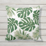 Green and gold monstera, palm tropical leaves outdoor pillow