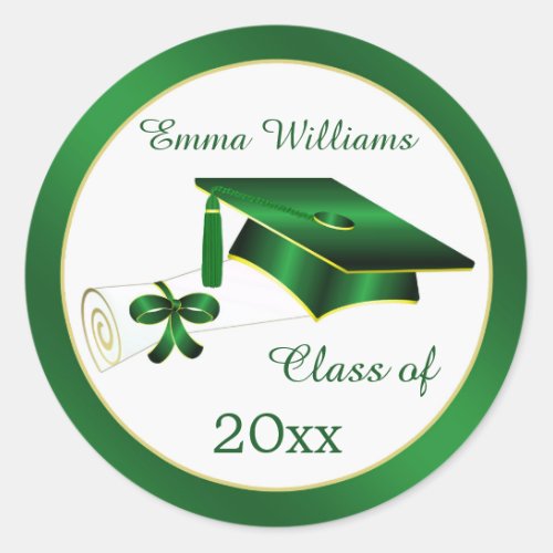 Green and gold Mortar diploma Graduation Postage Classic Round Sticker