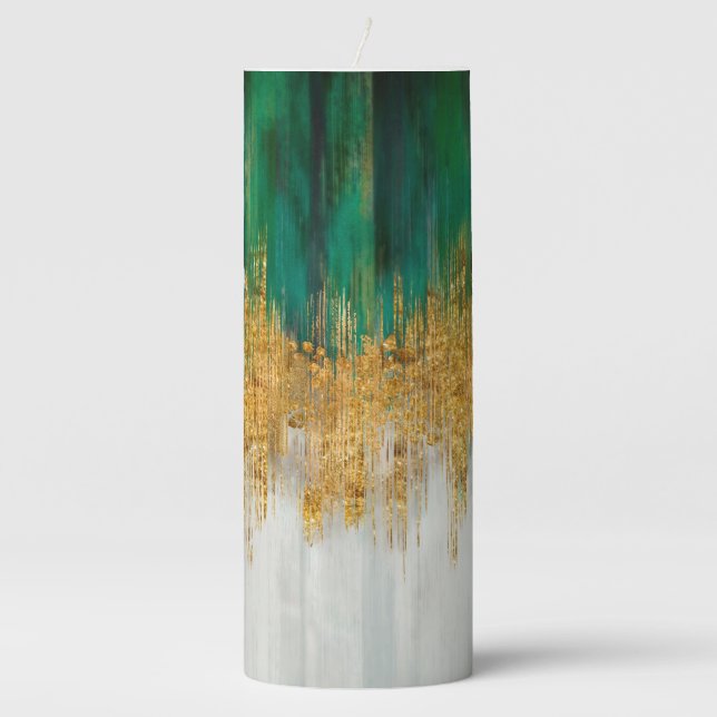 Green and gold motion abstract pillar candle (Front)