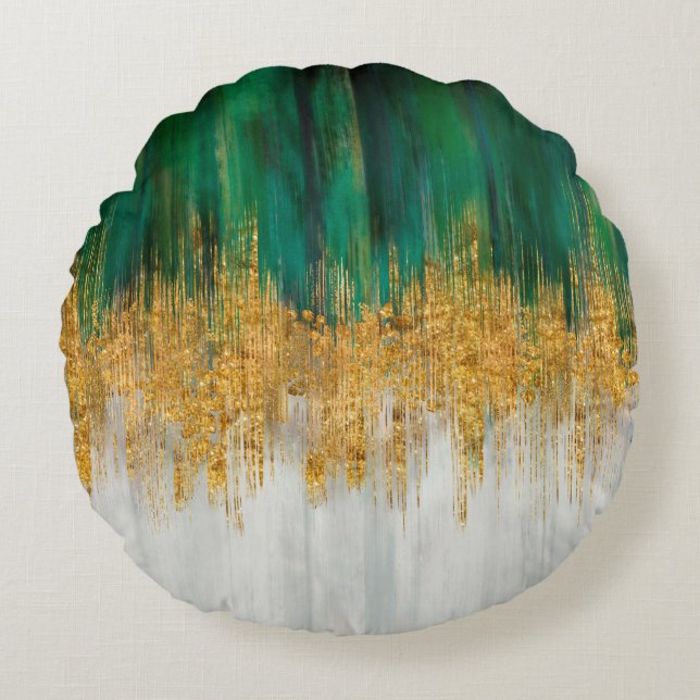 Green and gold motion abstract round pillow (Front)