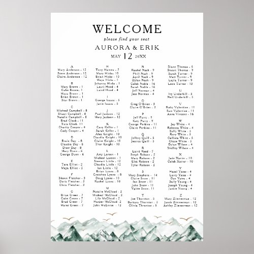 Green and Gold Mountain Alphabetical Seating Chart
