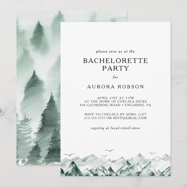 Green and Gold Mountain Bachelorette Party Invitat Invitation (Front/Back)