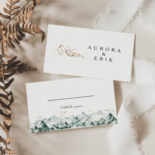 Green and Gold Mountain Flat Wedding Place Card