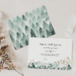 Green and Gold Mountain Horizontal Save the Date<br><div class="desc">This green and gold mountain horizontal save the date is perfect for your elegant boho mountain forest wedding. With a rustic emerald green watercolor landscape dotted with trees,  birds,  and highlights of gold foil. It's just what you're looking for to complete your unique modern destination wedding.</div>