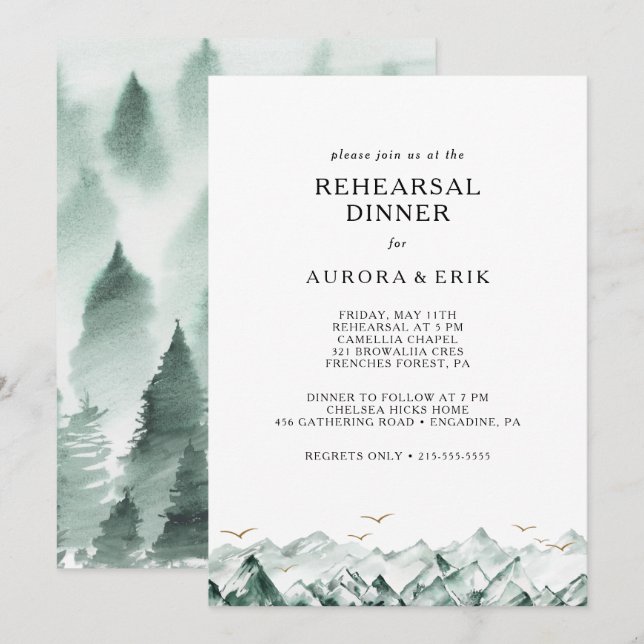 Green and Gold Mountain Rehearsal Dinner Invitation (Front/Back)