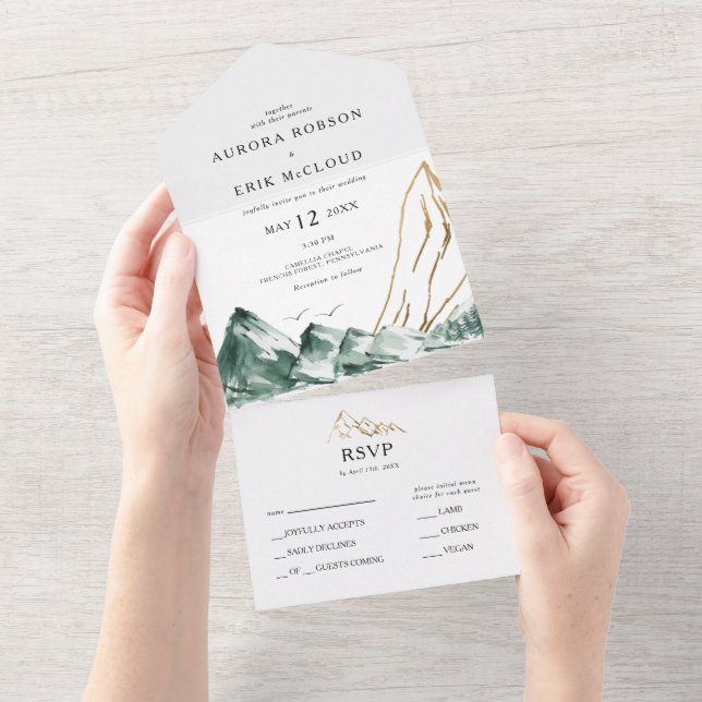 Green and Gold Mountain Seal And Send All In One Invitation (Tearaway)