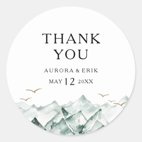 Green and Gold Mountain Thank You Wedding Favor Classic Round Sticker