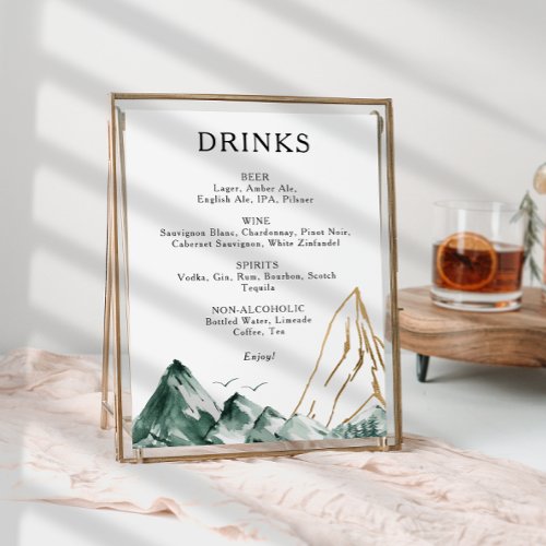 Green and Gold Mountain Wedding Drinks Menu Sign