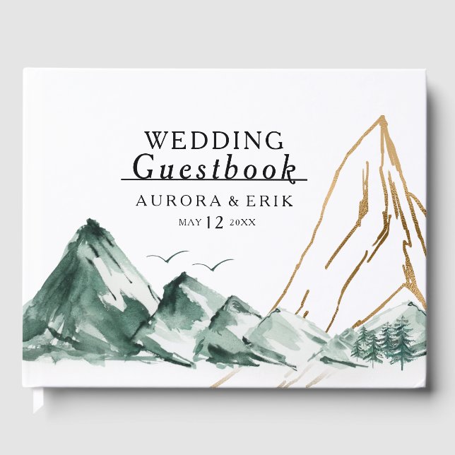 Green and Gold Mountain Wedding Guest Book (Front)