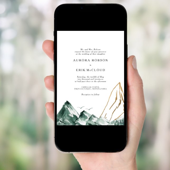 Green and Gold Mountain Wedding Invitation (Front Digital)