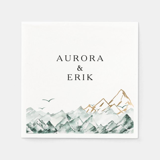 Green and Gold Mountain Wedding Napkins (Front)