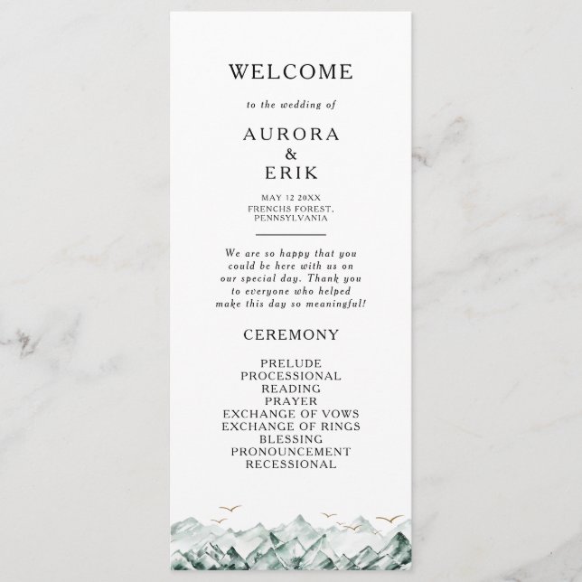 Green and Gold Mountain Wedding Program (Front)