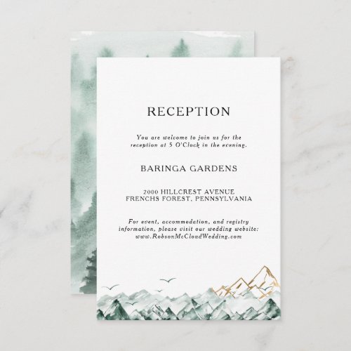 Green and Gold Mountain Wedding Reception Card